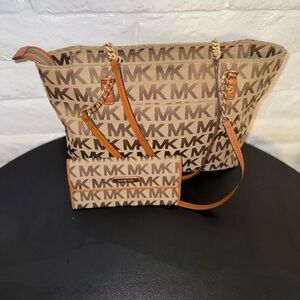 Michael Kors Brown & Tan MK Logo Tote with Matching Wallet